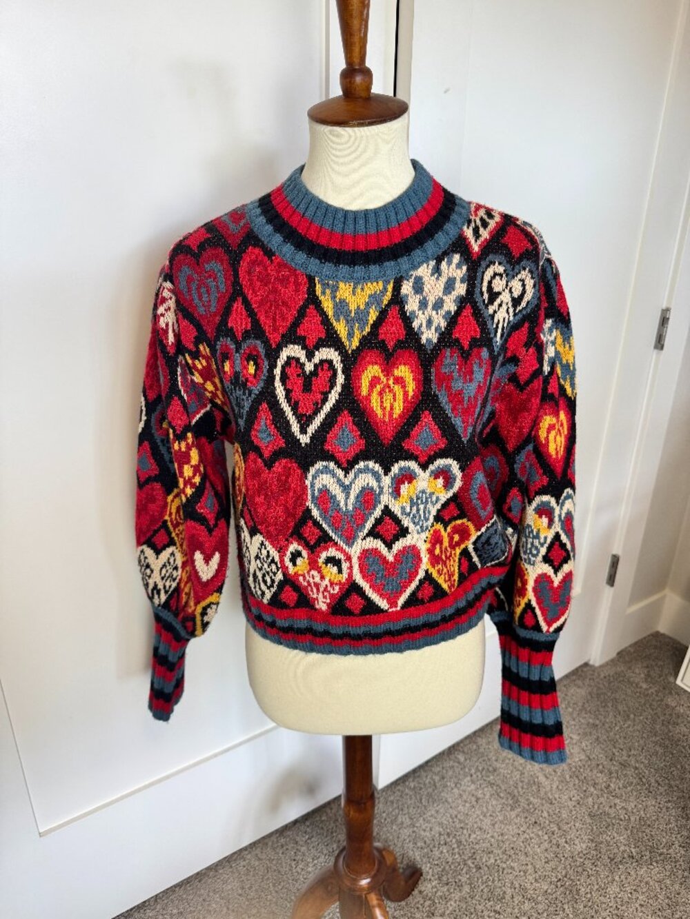 FARM Rio Heart Print Cropped Knit Sweater Wool Blend Medium
